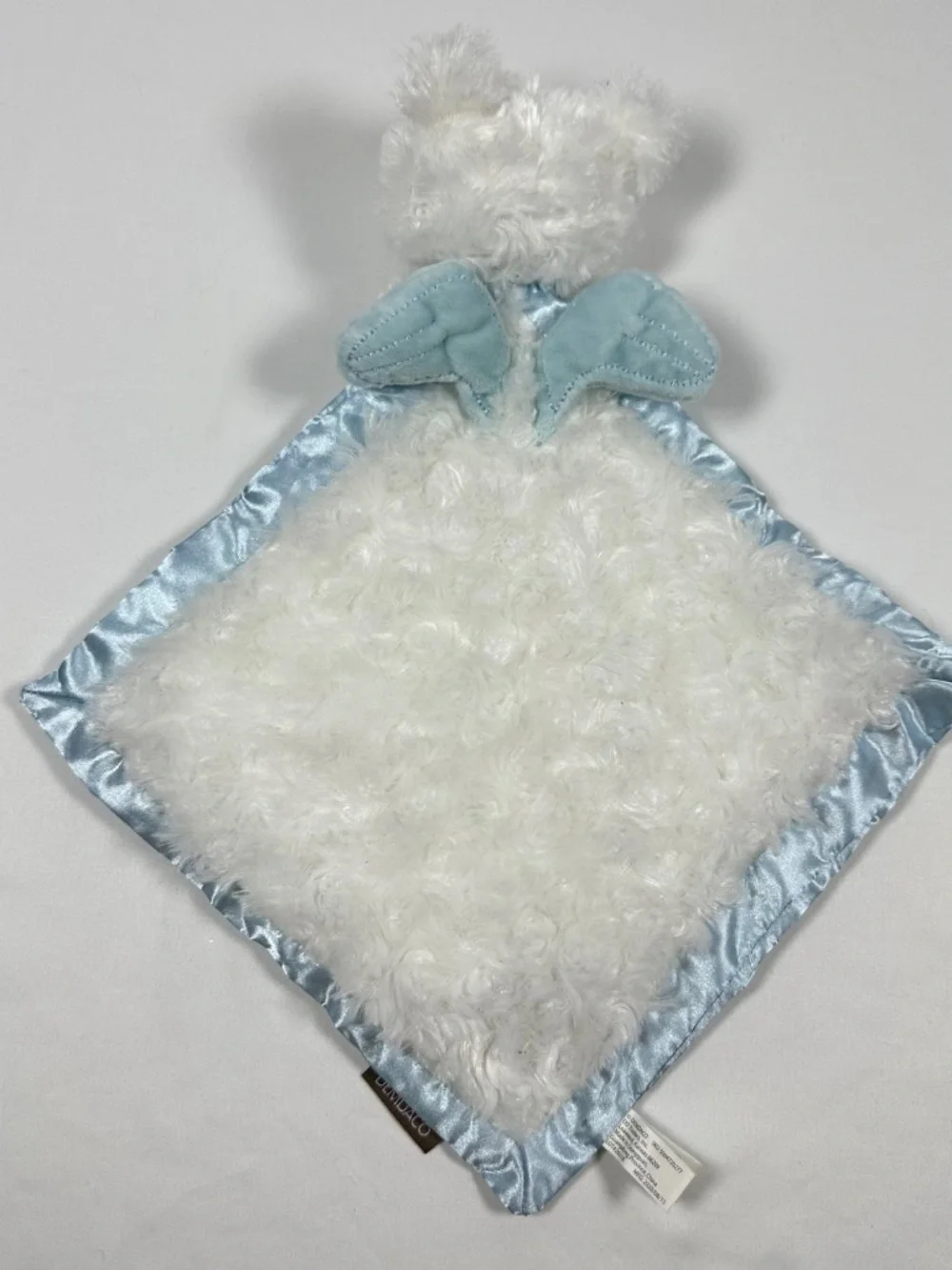 Demdaco Guardian Angle Bear Blankie White Light Blue Angel Wings Satin Trim